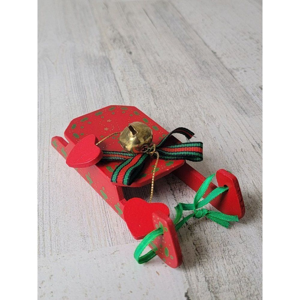 Red wooden mini mistletoe Bells sled ornament Xmas decor